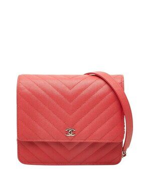 Chanel CC Logo Chevron V-stitch Chain Wallet Shoulder Bag Pink Silver Caviar